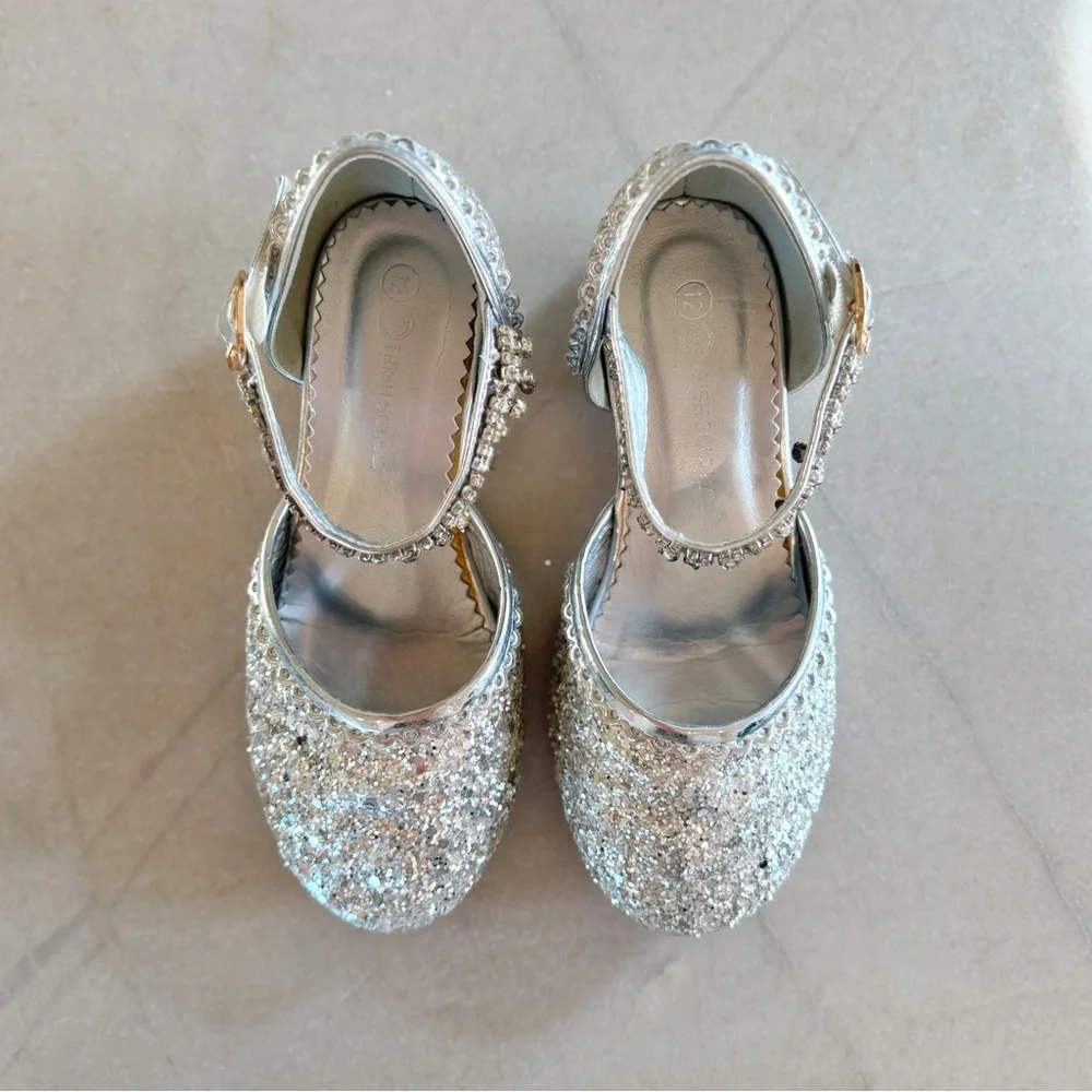 Trish Scully Miss Rodeo Silver Glitter Dress Shoes Girls Size 12 Jeweled Strap